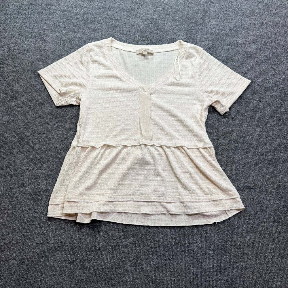 Atelier BY KIRIOUS Top Womens S Cream Textured V Neck Peplum Short Sleeve Casual